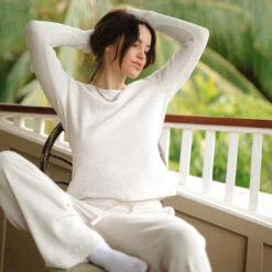 Waffle Long Sleeve Crew, Oatmeal -Albionfit Store 369A0022final