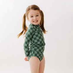 Mini Rash Guard Two-Piece Set, Green Check