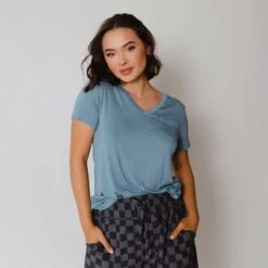 Basic V Neck Tee, Steel Blue -Albionfit Store 369A1293final 53598024 190f 42b7 a140 c7d5eea27299