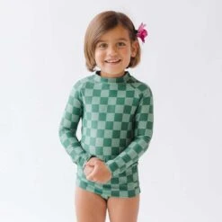Mini Rash Guard And Shorts Set, Green Check -Albionfit Store 369A2795final 1