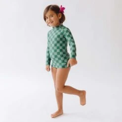 Mini Rash Guard And Shorts Set, Green Check -Albionfit Store 369A2822final 1