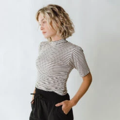 Puff Sleeve Tee, Stone And Black Stripe -Albionfit Store 369A3909final