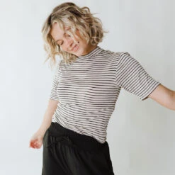 Puff Sleeve Tee, Stone And Black Stripe