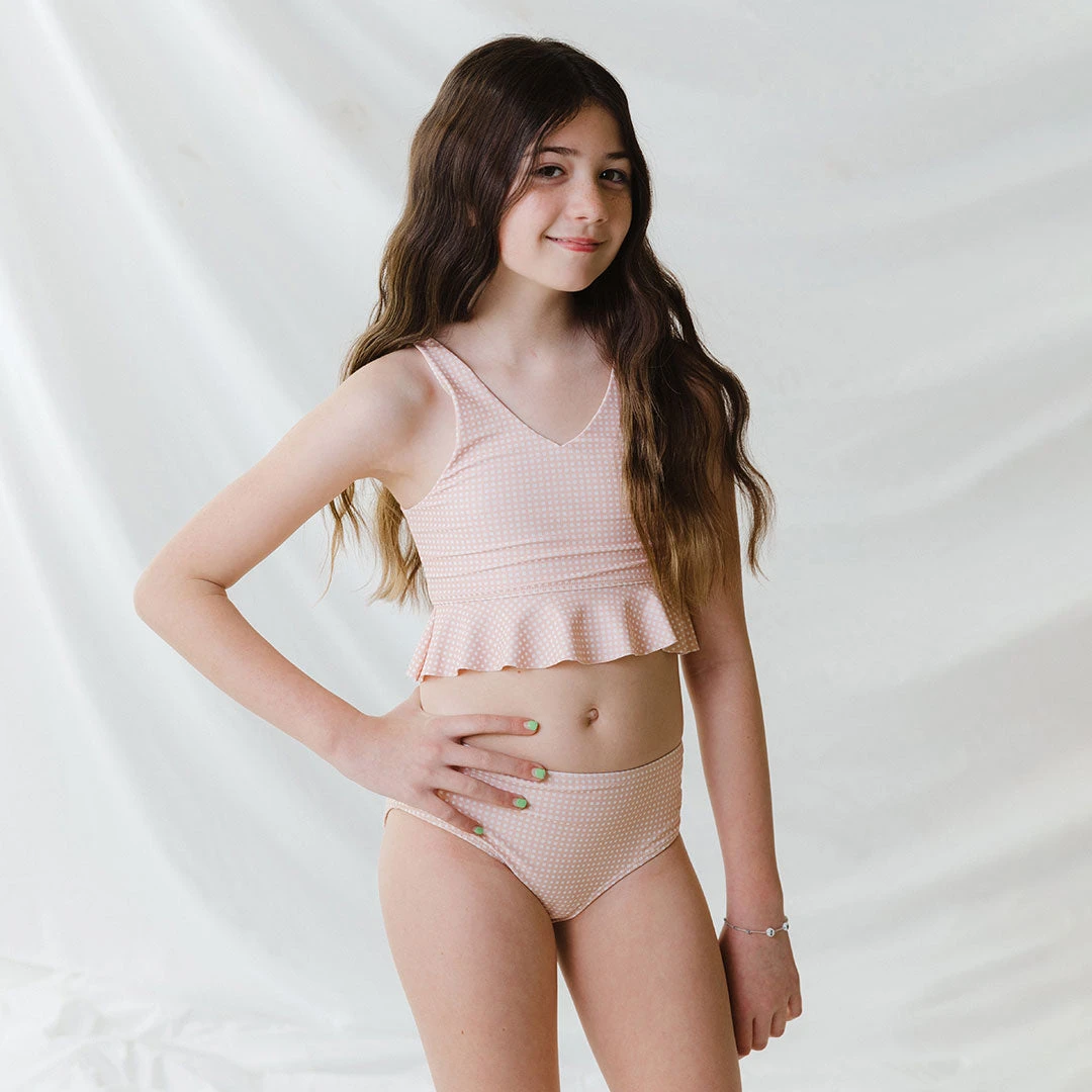 Mini Tied-Up Tankini Set, Pink Checkers 4 Mini Tied-Up Tankini Set, Pink Checkers - Image 2