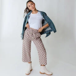 Audrey Wide Leg Pants, Brown Checkers -Albionfit Store 369A4348final