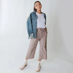 Audrey Wide Leg Pants, Brown Checkers -Albionfit Store 369A4353final