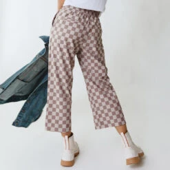 Audrey Wide Leg Pants, Brown Checkers -Albionfit Store 369A4388final