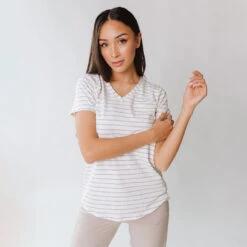 Basic V Neck Tee, Grey Venice Stripe -Albionfit Store 369A5292final 4e7acef3 4303 4a2c 99cb dcaff026d454 1