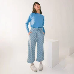 Audrey Wide Leg Pants, Blue Checkers -Albionfit Store 369A5871