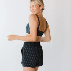 Navy Pinstripe Lunge Shorts -Albionfit Store 369A6895final