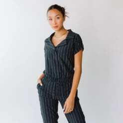 Navy Pinstripe Collar Jumpsuit -Albionfit Store 369A7112final