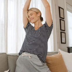 Basic V Neck Tee, Navy And White Stripe -Albionfit Store 369A8363final 1