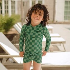 Mini Rash Guard And Shorts Set, Green Check