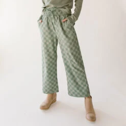 Audrey Wide Leg Pants, Olive Checkers