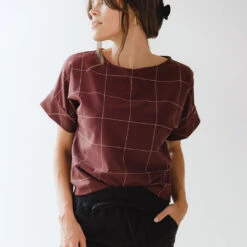 Boss Crop Tee, Maroon Windowpane