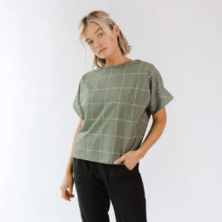 Boss Crop Tee, Sage Windowpane