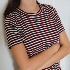 Boyfriend Tee, Burgundy And Black Stripe -Albionfit Store BOYFRIEND TEE BURGUNDY AND BLACK STRIPE WEB 3 1
