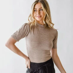 Puff Sleeve Tee, Taupe Stripe