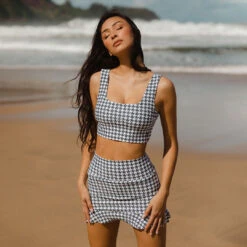 Houndstooth High-Waisted Swim Skirt -Albionfit Store SWIM SKIRT HOUNDSTOOTH WEB 1