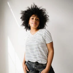 Basic V Neck Tee, Black Venice Stripe -Albionfit Store V NECK TEE STRIPE 1