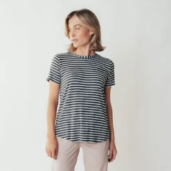 Basic Tee, Thick Charcoal Ivory Stripe -Albionfit Store leisureshoot stripedscoopneck1