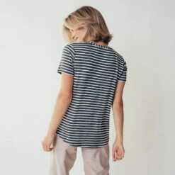 Basic Tee, Thick Charcoal Ivory Stripe -Albionfit Store leisureshoot stripedscoopneck4
