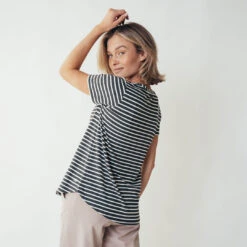Basic Tee, Thick Charcoal Ivory Stripe -Albionfit Store leisureshoot stripedscoopneck5