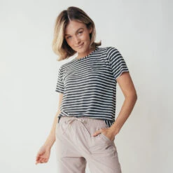 Basic Tee, Thick Charcoal Ivory Stripe -Albionfit Store leisureshoot stripedscoopneck7