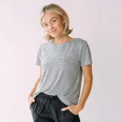 Basic Tee, Charcoal And Ivory Stripe