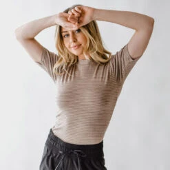 Puff Sleeve Tee, Taupe Stripe -Albionfit Store web1 460a3ce0 f800 4028 964c 0ff78fcc0728 1