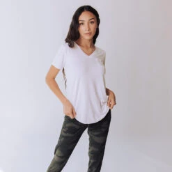 Basic V Neck Tee, Bamboo White -Albionfit Store whitevneck iiiiiii